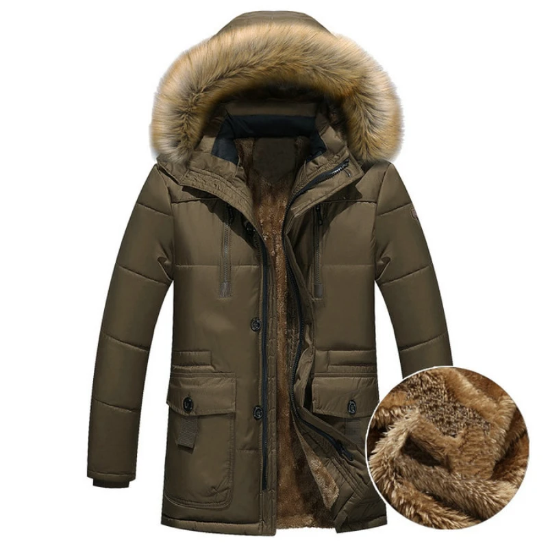 

Толстая Теплая мужская парка с флисовой подкладкой и капюшоном, мужская зимняя куртка, пальто в стиле милитари, карго, Мужское пальто средней длины