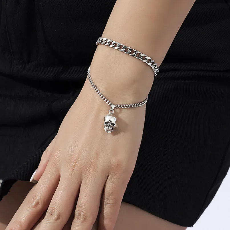 

Sindlan Double Layer Punk Silver Color Chain Wrist Bracelet for Women Men Goth Skeleton Couple Emo Jewelry Pulsera Hombre Bijoux