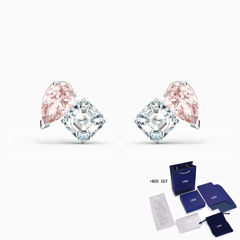 

Fashion SWA New ATTRACT SOUL Pierced Earrings Two Dazzling White And Rose Red Crystal Earrings Female Romantic Gift