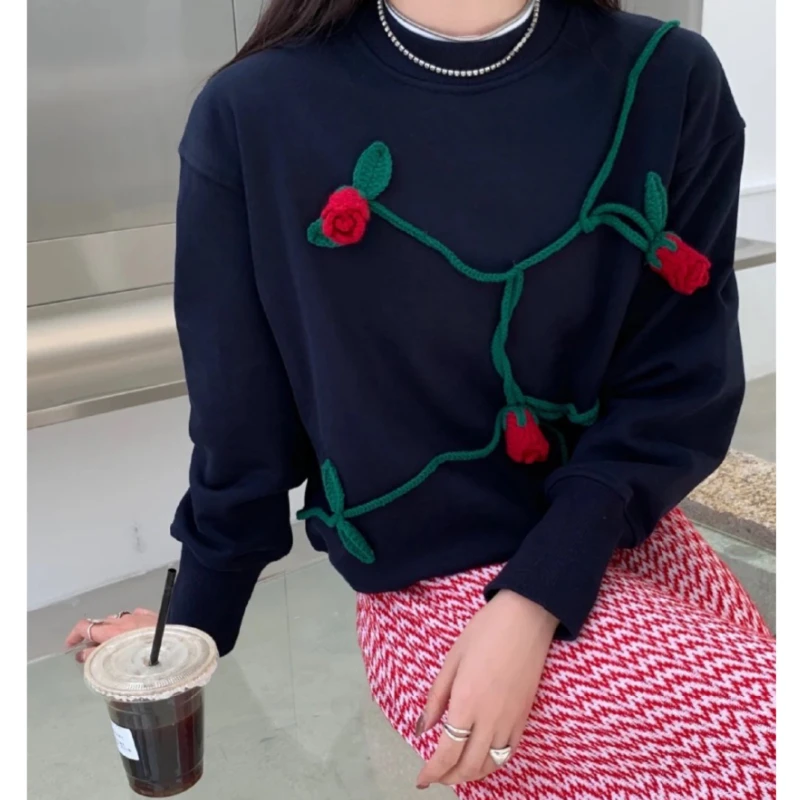 Women's Three-dimensional Flower O-neck Long Sleeve Sweater 2022 Autumn New Ladies Cotton Loose Casual Pullover