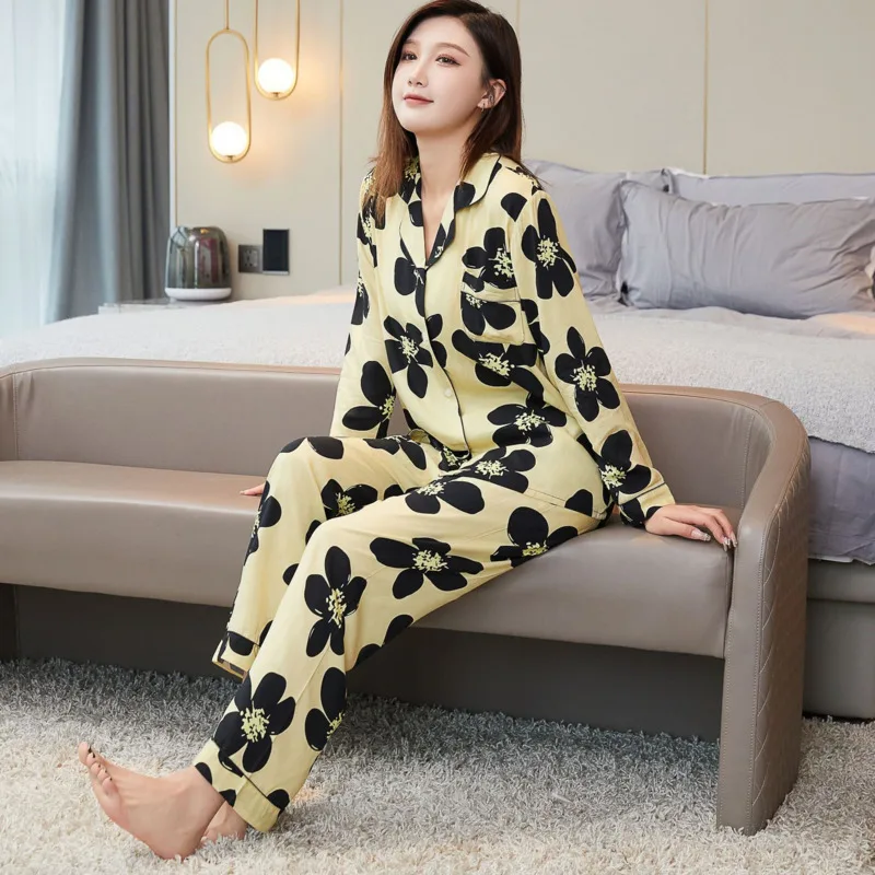 

Spring 2pcs Womens Pajamas Sets Summer V Neck Home Suit Trousers Long Sleeve Set Pajama Sexy Poplin Pijamas Woman Home Clothes