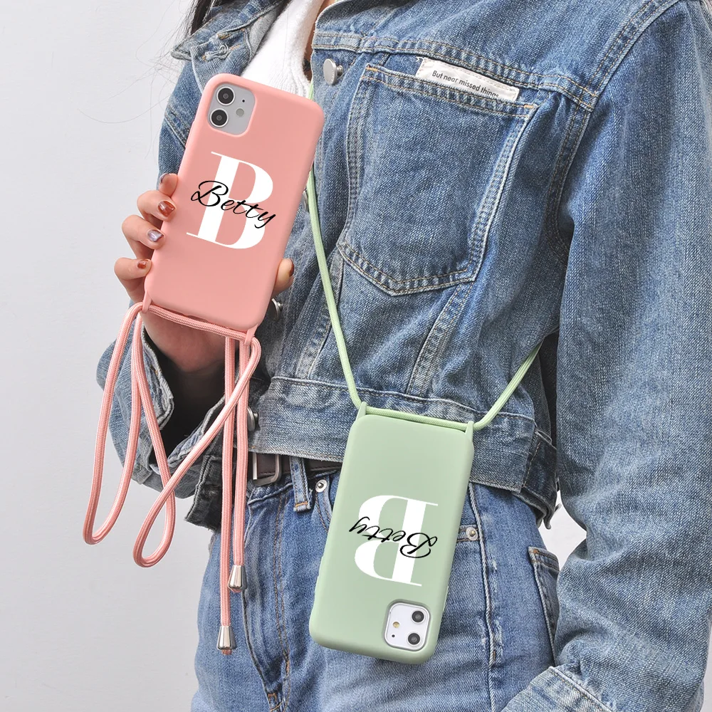 

Custom Name for iPhone 11 7 8 Plus X XR XS 10 Case Soft Silicone Phone Case With Strap Rope 12 Pro Max Cover SE 2020 Funda DIY