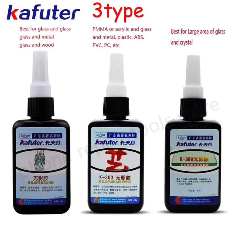 

Совершенно новый прочный 50 мл Kafuter УФ-клей для отверждения K-302 303 300 УФ-клей для кристаллического стекла и металла ABS