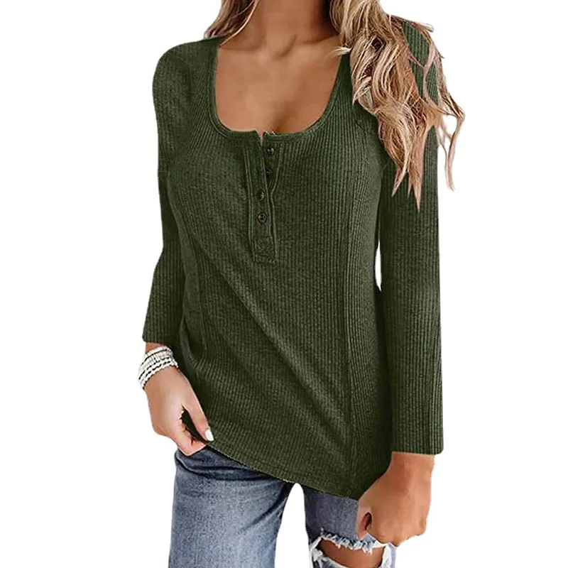 

2022 Women's New T-shirt Long Sleeve Round Neck Casual Button Solid Color Fashion Top Bottoming Pullover