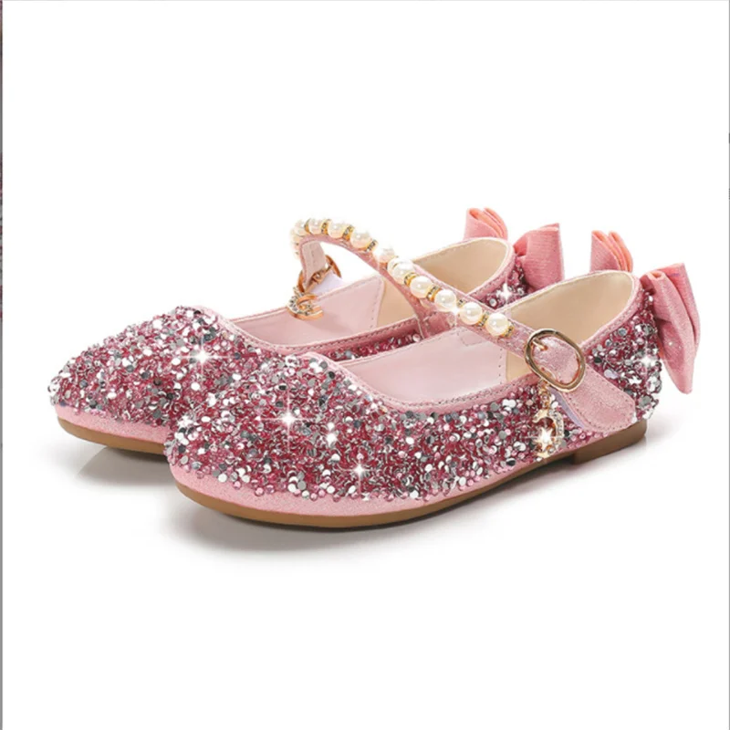 

Кожаные туфли для девочек Новинка Весна 2022 износостойкая нескользящая обувь с мягкой подошвой для маленьких детей с блестками
