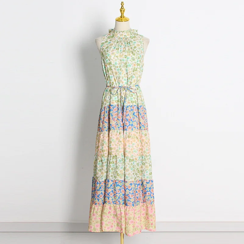 

SeeBeautiful Floral Printed lace up Ruffles loose A-line Dress stand collar sleeveless Women Summer Autumn 2022 New Fashion Q433