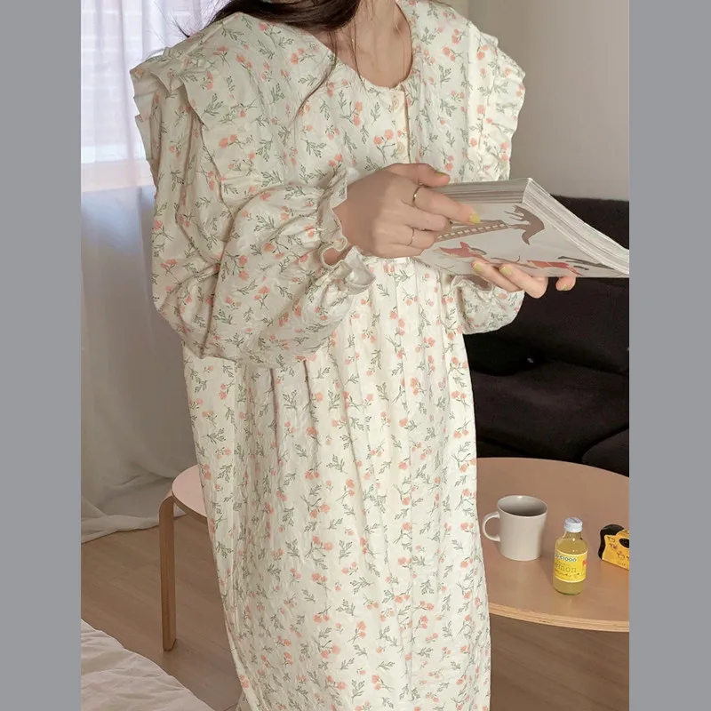 New Korean Spring Autumn Nightgown Women Loose Long Sleeve Dress Female Sweet Floral Cotton Housewear Nightshirt Outside Wear