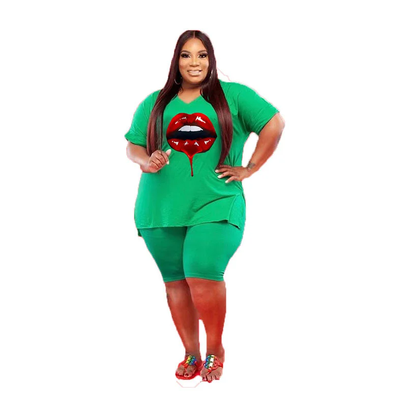 Plus Size Two Piece Set Women Wholesale Clothing Shorts Sets Casual v Neck Lips Print Slip Hem Crop Top and p 3xl 4xl 5xl 6xl