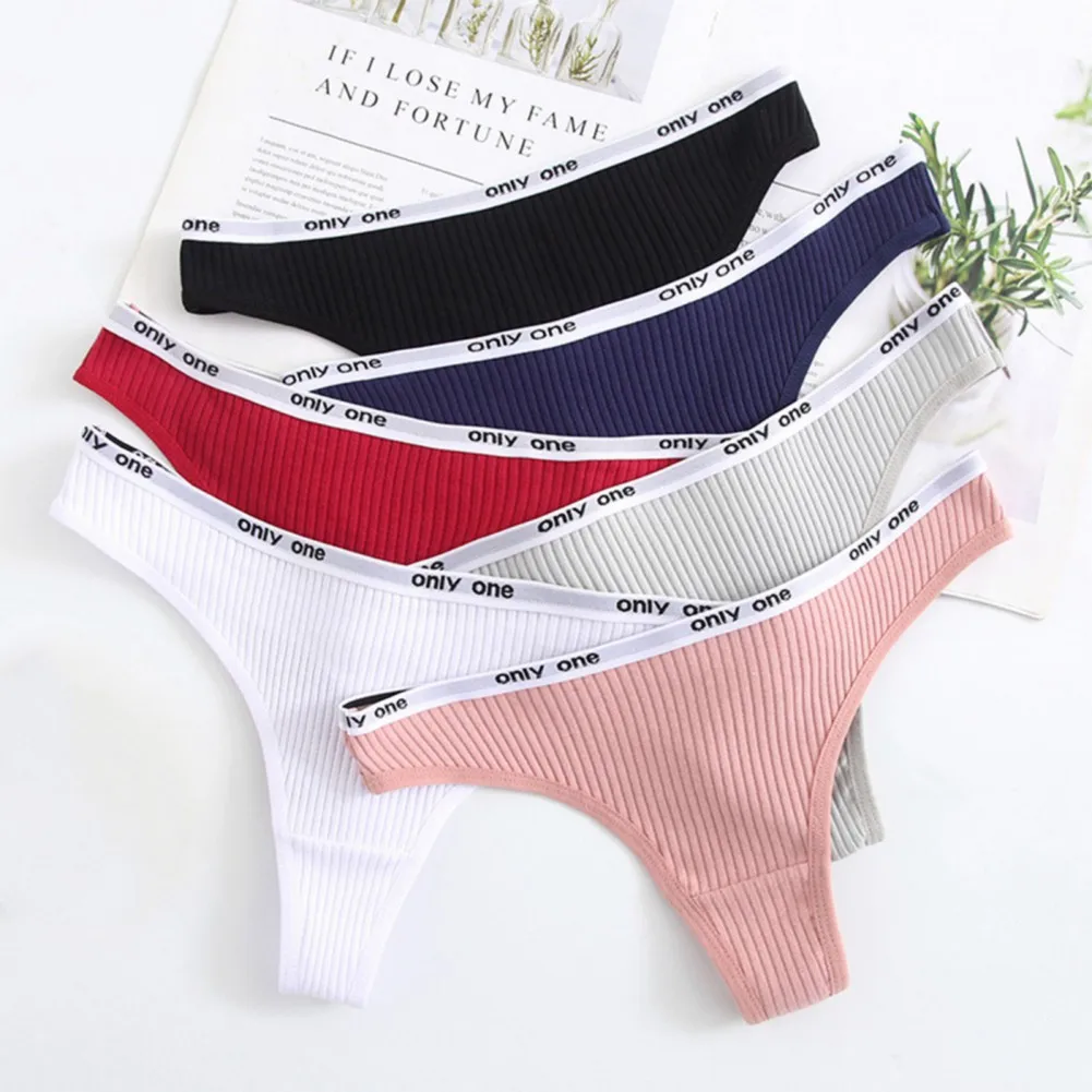

Sexy Traceless Thong For Women Letter Printed Cotton Exotic Ribbed Panties Low-Rise G-String Underwear Ladies Intimates
