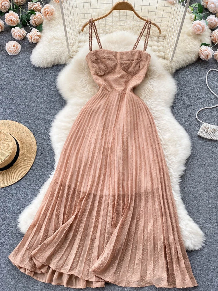 

Summer New Women Lace Dress Ladies Mesh Ankle-length Low Cut Folds Swing Long Dress Female French Gauze Pleated Long Slip Dress