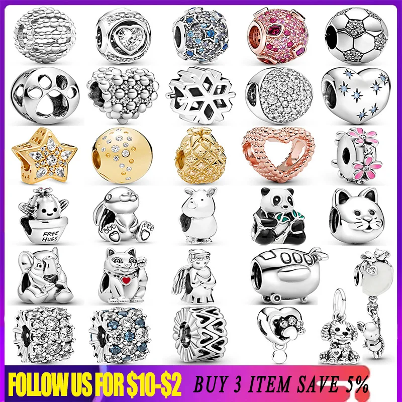 

925 Sterling Silver Football Cactus Pineapple Gold Star Cute Animals Beads Fit Original Pandora Charm Bracelet Women Diy Jewelry