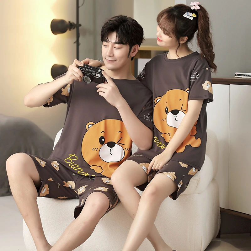 Size 5XL Summer Couple Pajamas Sets Women Pijama Cotton Korean Men Sleepwear Cartoon Bear Cute Lovers Night-Clothes Nightwear