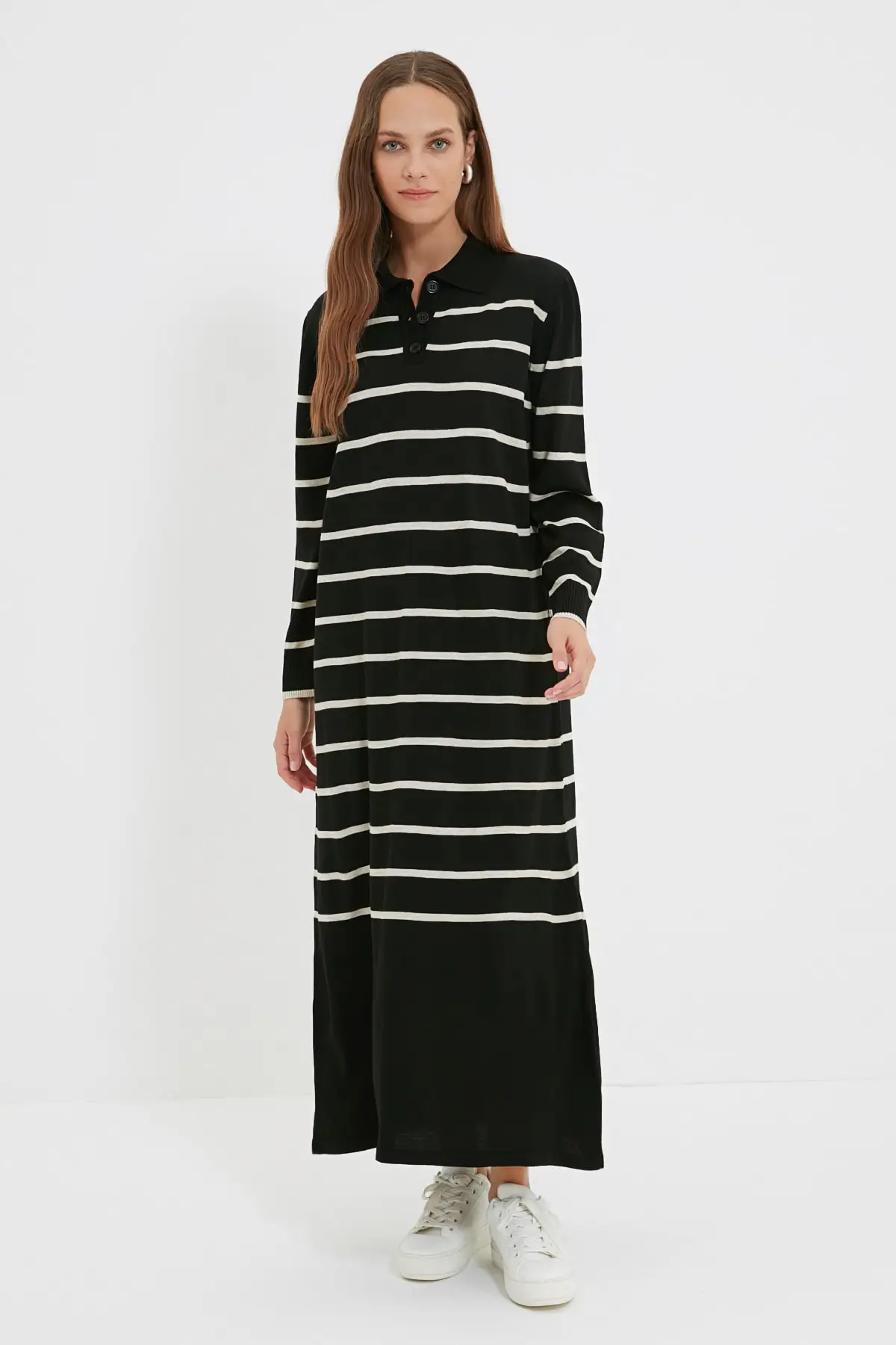 

Black-Stone Polo Collar Striped Soft Flexible Long Knitwear Dress Hijab Sports Comfortable Casual Turkey Dubai Arab