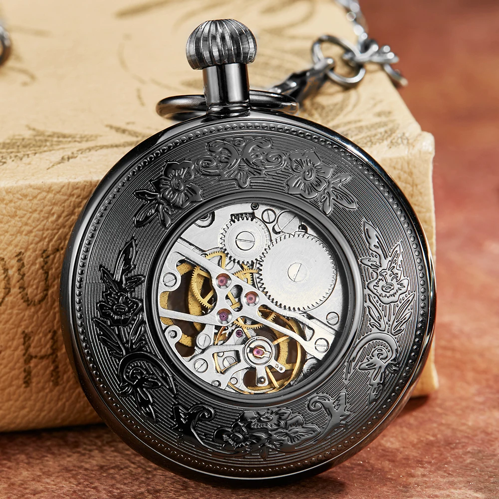 Antique Mechanical Pocket Watch for Men Roman Dial Round Tonneau Clock Skeleton Steampunk FOB Chain Women Pendant reloj hombre