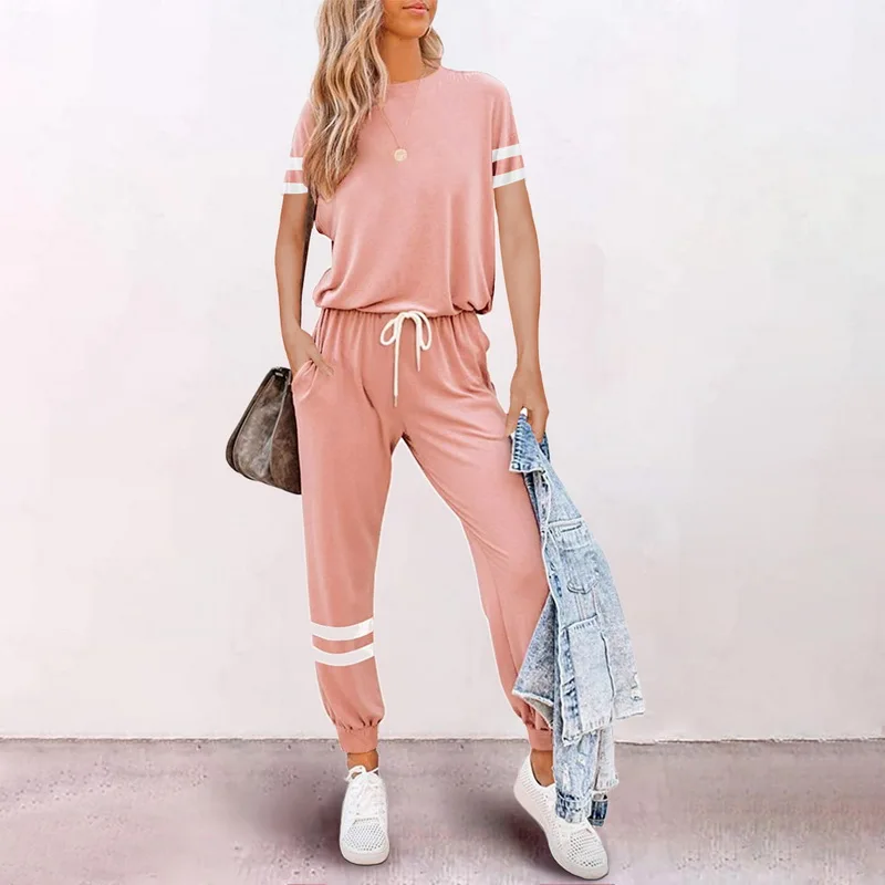 

Women'S Tracksuit Sets Round Neck Fashion Short Sleeve T-Shirt Casual Pants 2 Pieces Oversize Sport Set