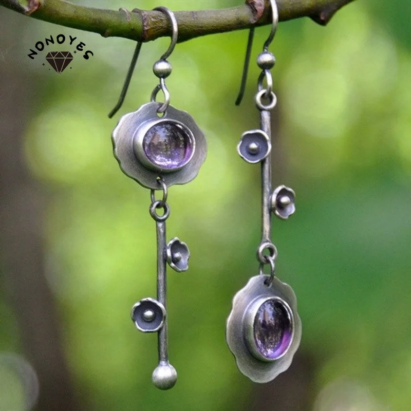 

Retro Bohemian Inlaid Purple Stone Flower Bone Hanging Pendant Earrings Party Gifts Women's Silver Color Temperament Earrings