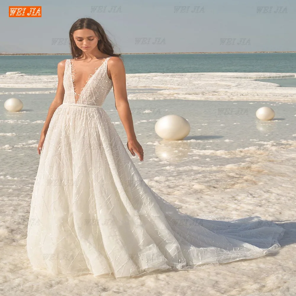 

Glitter Deep V Neck Wedding Dress 2022 Backless Appliques Sleeveless Sashes Sexy Bridal Gowns Robe De Mariee Court Train A Line