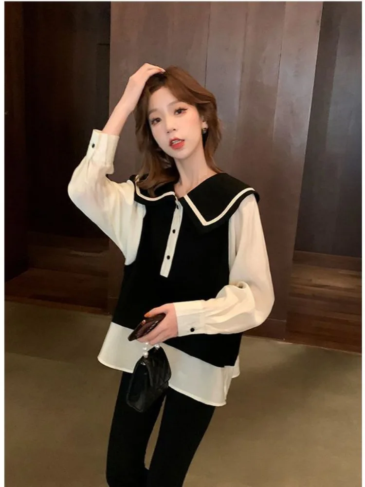 Hikigawa шикарные модные контрастные цветные женские рубашки с воротником Питер Пэн