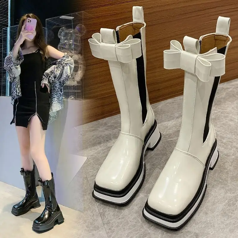

Square Toe Martin Boots Women's Spring And Autumn Single Boots 2021 New Bow Thick-soled Increased Chelsea Tide Boots Woman Boots