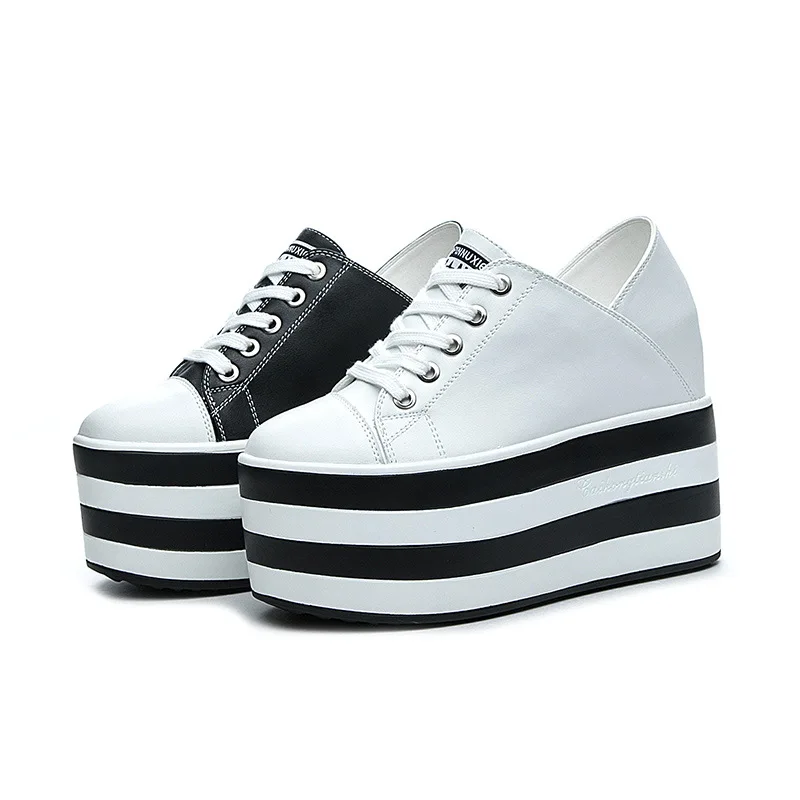 

12 Cm Super High Heel White Sneakers for Women Platform Casual Shoes Genuine Leather Sneakers On Platform 2021 Springnew Shoes