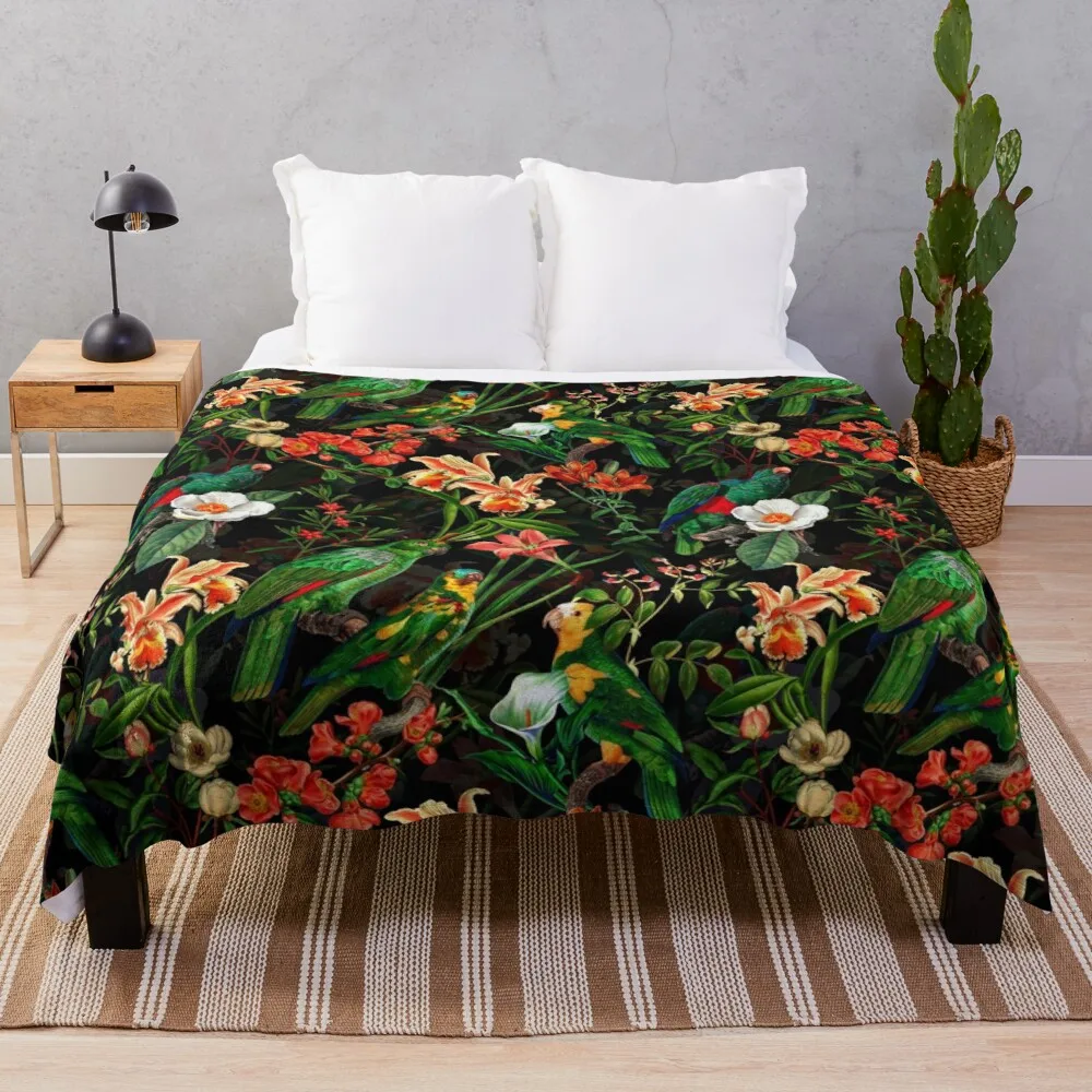 

Pierre Joseph Redoute tropical vintage jungle flowers and parrots nostalgic seamless mystic pattern Throw Blanket