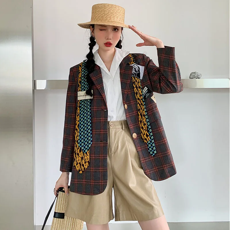 

Spring Autumn Women Brown Tie Plaid Blazers British Style Single-breasted Notched Collar Long Sleeve Suit Jacket Female Outwear