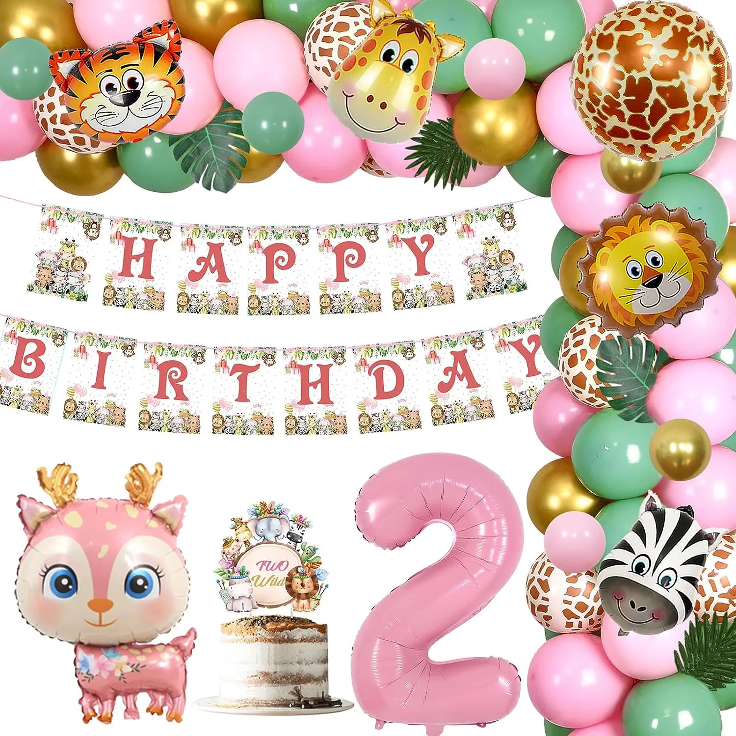 

Pink Safari 2nd Birthday Party Decorations Girl Two Wild Balloon Arch Kit with Jungle Animals Happy Birthday Banner Cake Topper