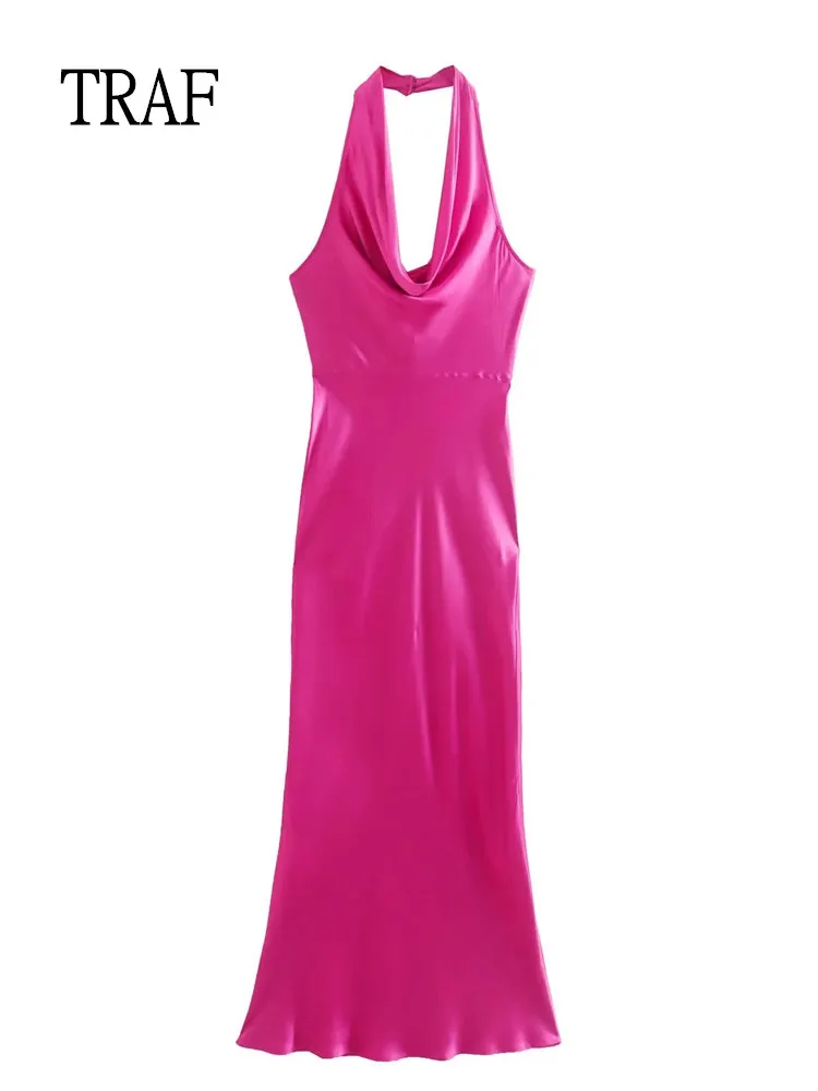 

Платье-миди атласное с воротником-халтером, без рукавов