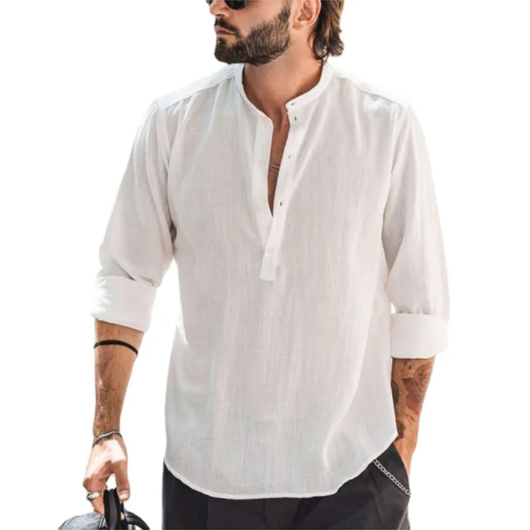 Mattswag Solid Cotton V Neck Long Sleeve Shirts For Men Stand Collar Fashion Simple Men's Clothing Casual Handsome Camisa Hombre