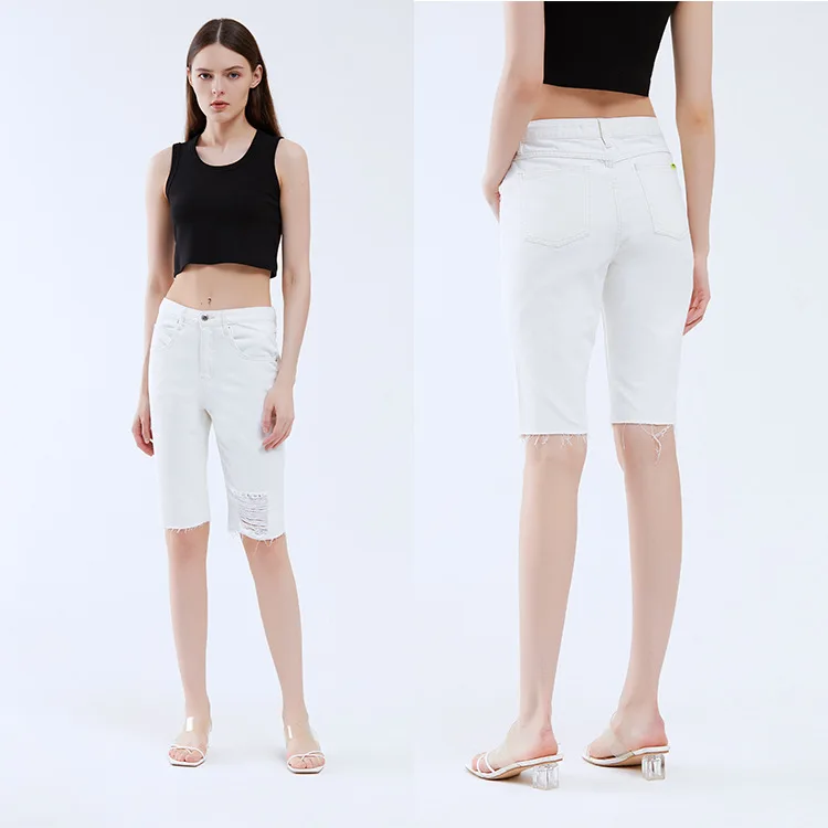 22Fashion Classic design New Summer High Waisted Cotton Riding Pants with Rough Edges, Cut Holes, Denim Midpants, Female