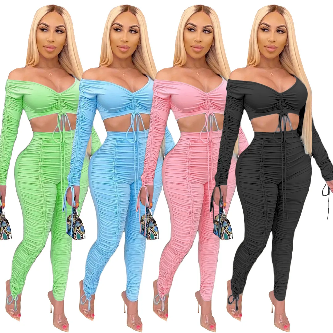 

Sexy Tube Top Two Piece Pant Sets Outfits Women Long Sleeve Tight Ruffer Stacked Pants Suits Autumn Spring Y2k Cothes Tracksuit