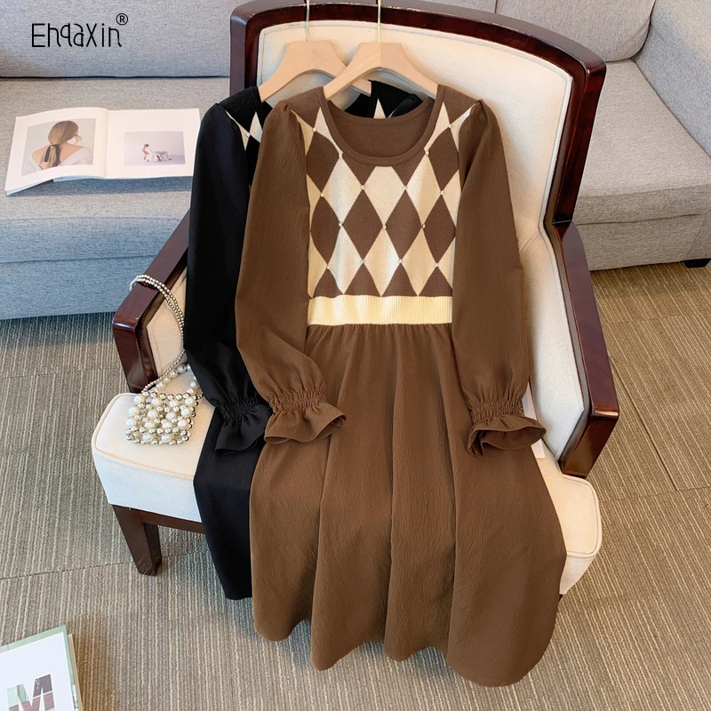 EHQAXIN 2023 Осень-Зима Женское вязаное платье модное повседневное Элегантное