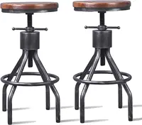 Set of 2 Industrial Bar Stool-Vintage Adjustable Round Wood Metal Swivel Bar Stool-23-30 Inch Height Counter Kitchen Stools