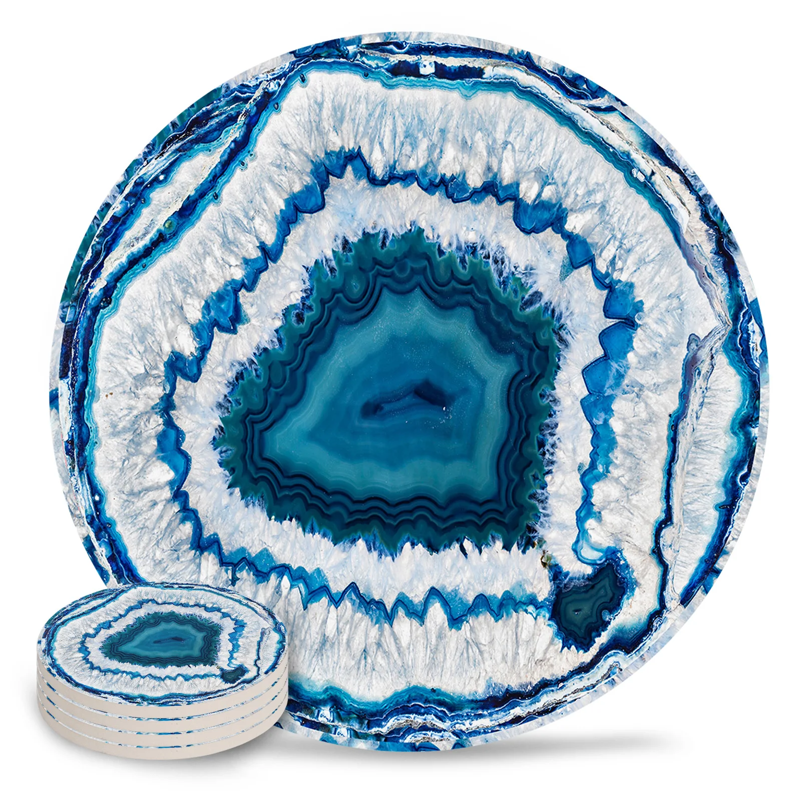 

Retro Agate Texture Blue Ceramic Coaster Set Coffee Tea Cup Coasters Kitchen Accessories Round Placemat