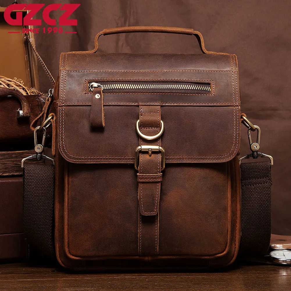 

Business Men Crossbody Crazy Horse Cow Leather Shoulder Bag Vintage Cowhide Messenger Bag For Male Casual Luxury Quality Handbag