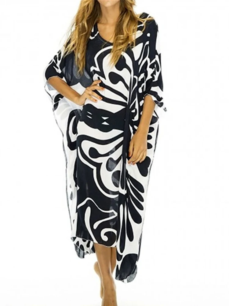 

2023 Plus Size Beach Cover Up Boho Maxi Dress Robe Plage Tunics Kaftan Summer Dress Print Bathing Suit Cover Ups Beachwear