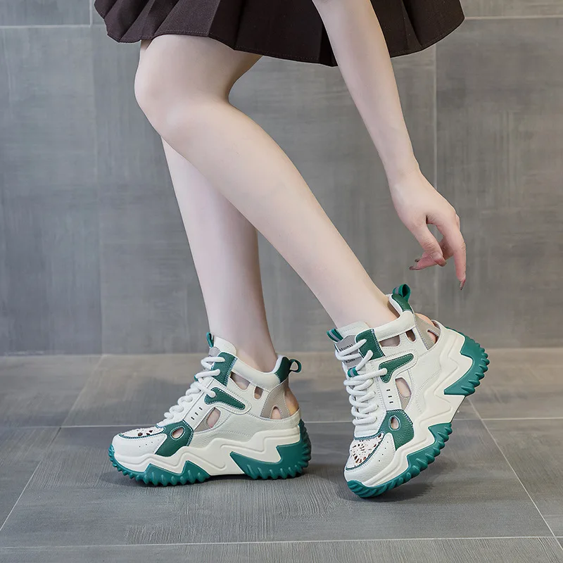 7CM Chunky Hollow Breathable Sneakers Fashion Genuine Leather Women New Female Summer Comfy Lace Up Fashion Ladies Shoes