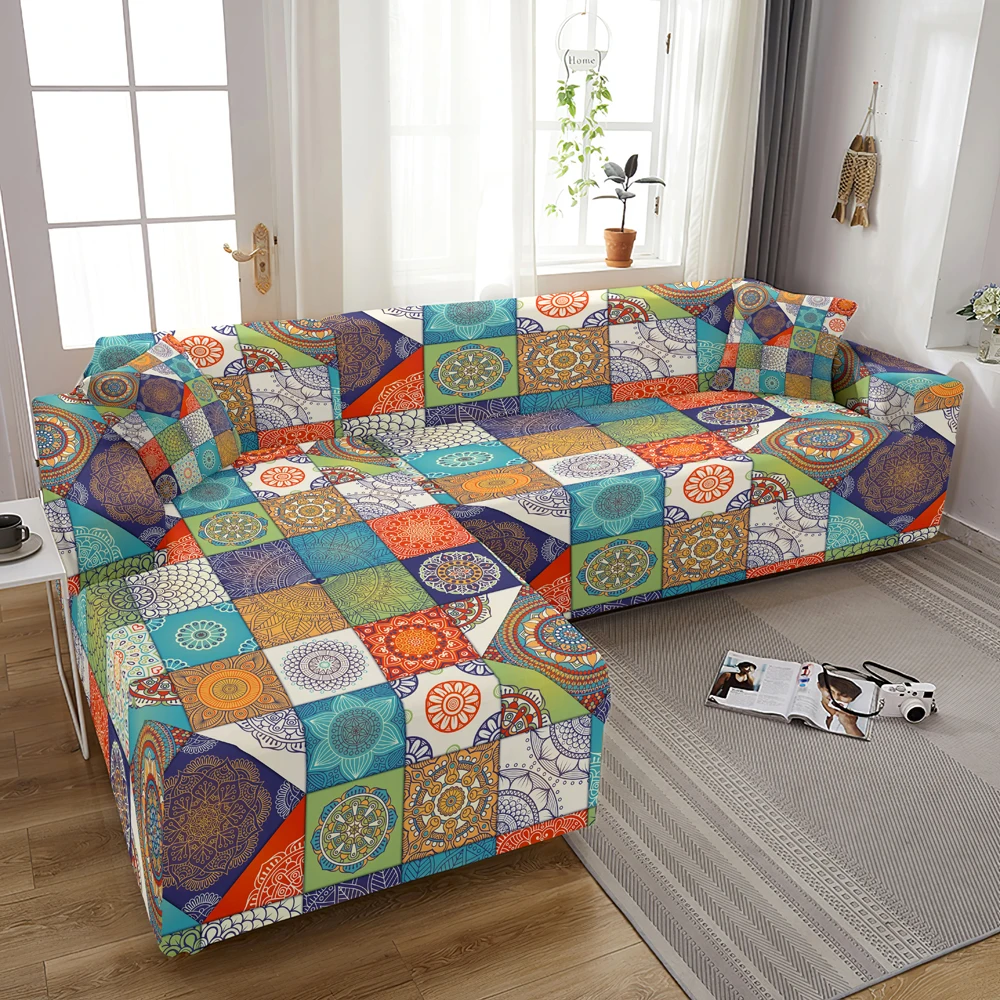 

2022 New Mandala Plaid Sofa Cover For Living Room Stretch Corner L-Shape Couch Cover Elastic Sofa Case Chaise Lounge 1-4 Seat