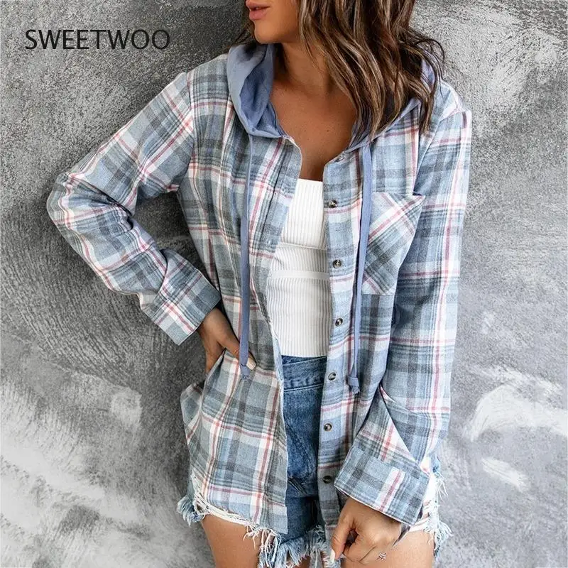

2022 Spring New Women Lapel Plaid Hoodie Jacket Single-breasted Buttons Retro Street Women Casual Style Fashion Jacket Shirt