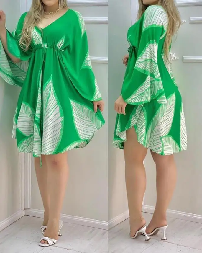 

Casual Daily Vacation Dresses for Woman 2023 Spring New Leaf Print Ruffles Sleeve Long Sleeve Ruched V-Neck Elegant Mini Dress