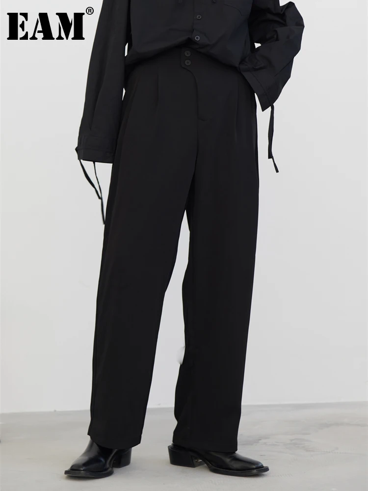 

[EAM] черные плиссированные повседневные широкие длинные брюки с высокой талией новые свободные облегающие брюки женские модные брюки весна осень 2023 1DH0124