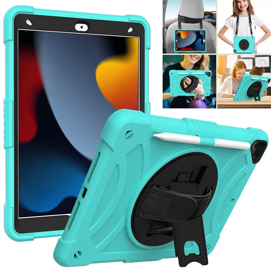 360 Rotatable Stand Rugged Grip Silicone Case with Shoulder Strap for iPad 10.2 Kids Shockproof Cover 2021 2020 2019 Air 3 10.5