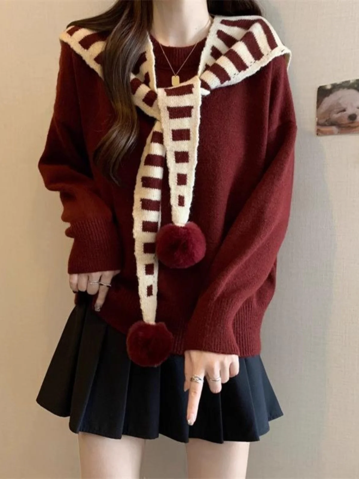 Поддельный двухсекционный шаль вязаный красный пуловер Ankela свитер женский