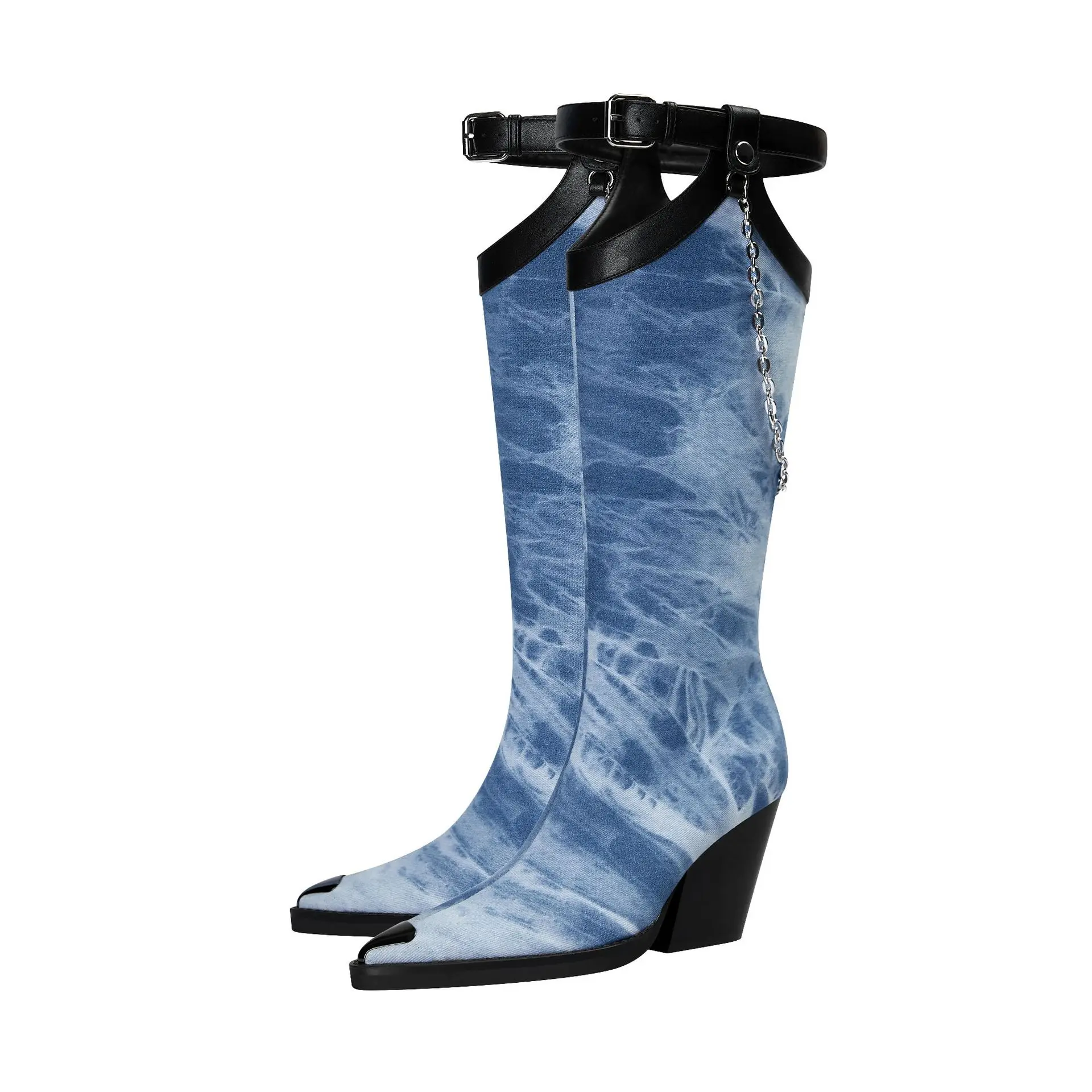 

Женские джинсовые сапоги с острым носком, длинные сапоги до колена на массивном каблуке, с вырезами и боковой молнией, 2023