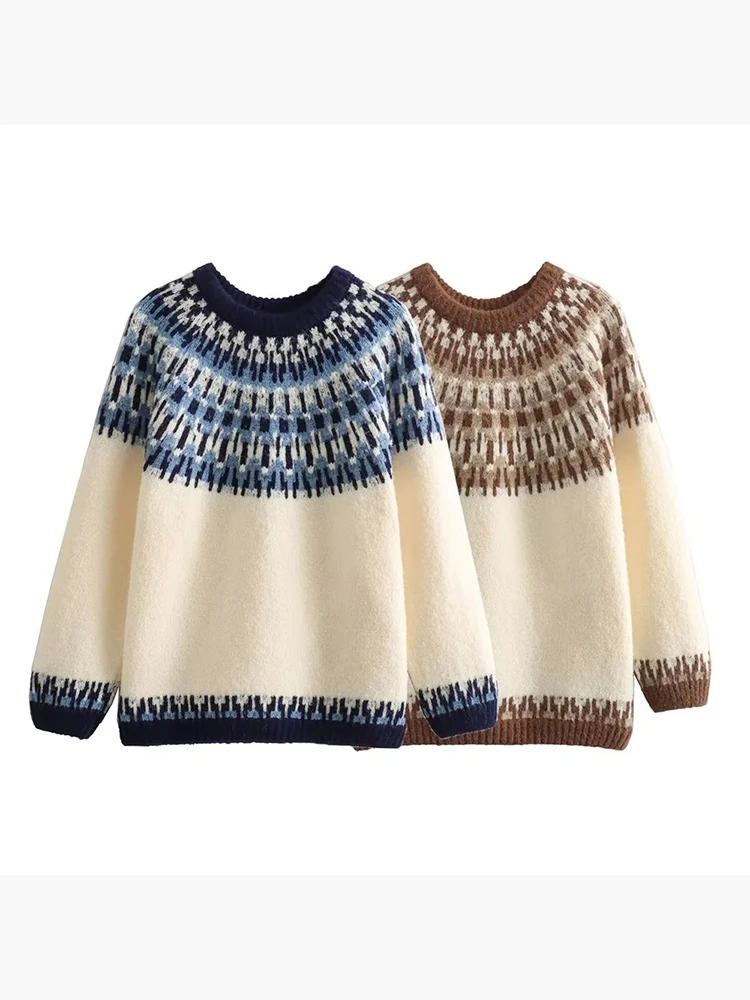 

Autumn Ladies Fashion Indie Folk Style Patchwork Print Knitted Loose Pullover Womens 2023 Autumn Casual Blue Soft Long Sweaters