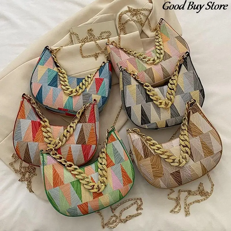 

Женские сумки-тоуты 2023, винтажная сумка на плечо с геометрическим рисунком, женские роскошные сумки с золотыми цепочками, модные сумочки в с...