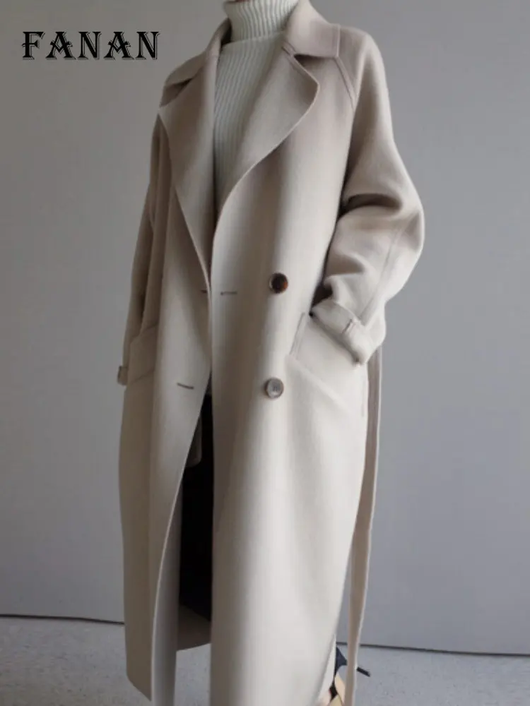 Women Elegant Long Wool Coat With Belt 2022 Autumn Winter Korean Solid Long Sleeve Outerwear Ladies Casual Oversize Blends Coats