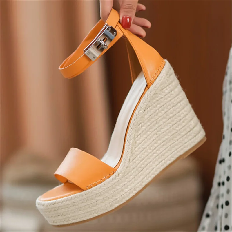 

u-double Genuine Leather Women Luxury Metal Lock Sandals Brand Espadrilles Wedges Heels Platforms Sandals Party Ladies