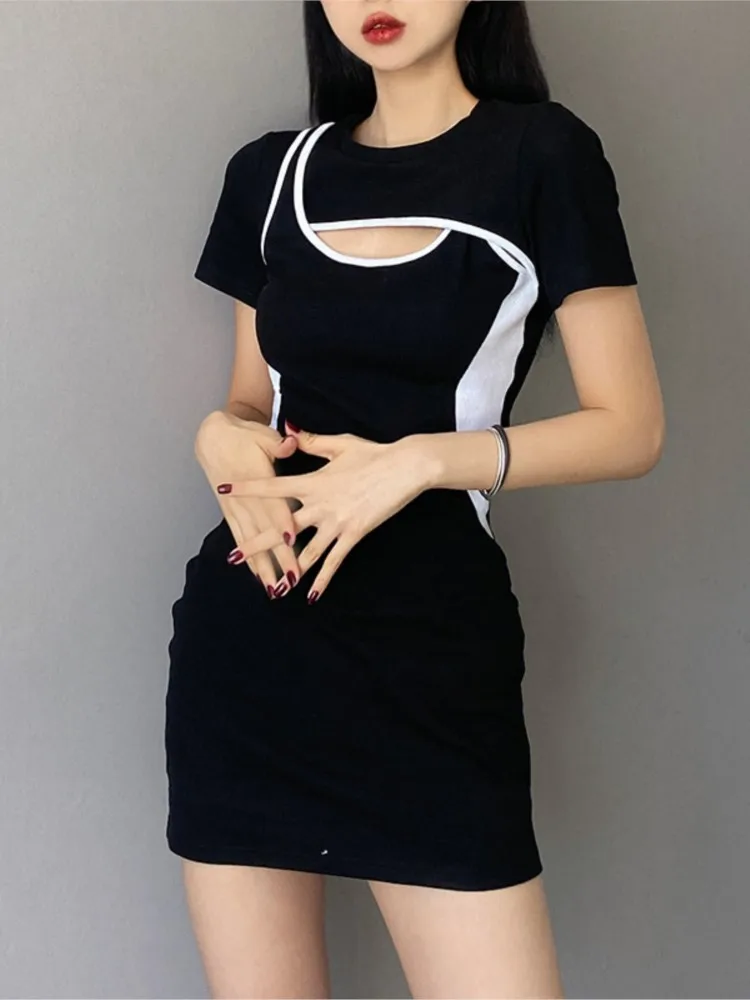 

Street Sports Bodycon Sexy Dress Clothing Summer Fake Two Hollow Waist Show Thin A-word Skirt Vestido De Women ClothesY7