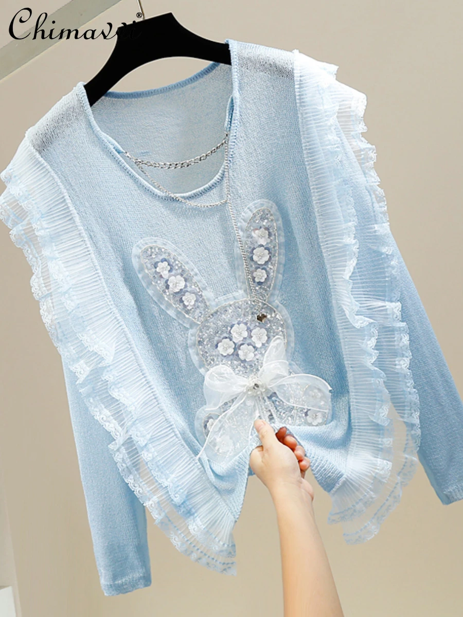 

Beaded Sequins Sweet Flowers Metal Chain Decorative Knitted Pullover 2022 Early Autumn Fashion 3D Pleated Lace Patchwork Sweater